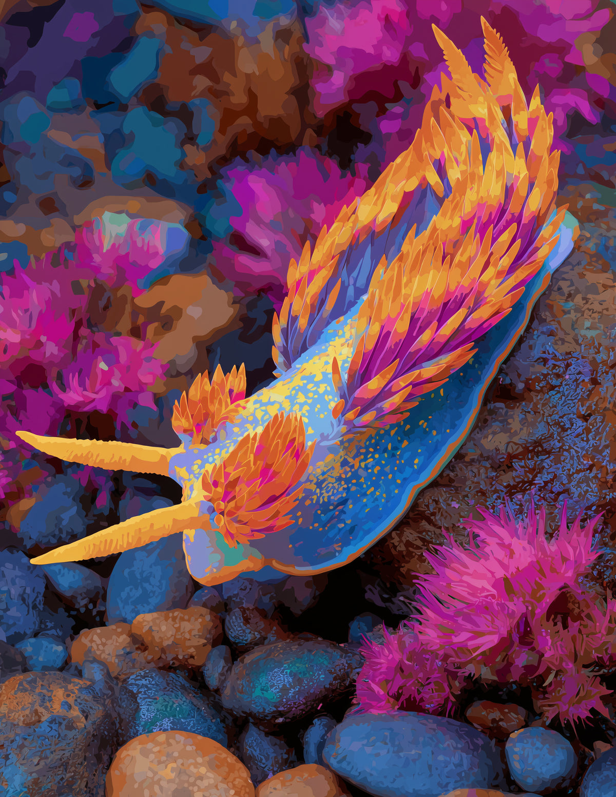 Nudibranch — Pop Art, Coral Tones Digital Wall Art, 3 Sizes Included, Living Room Decor