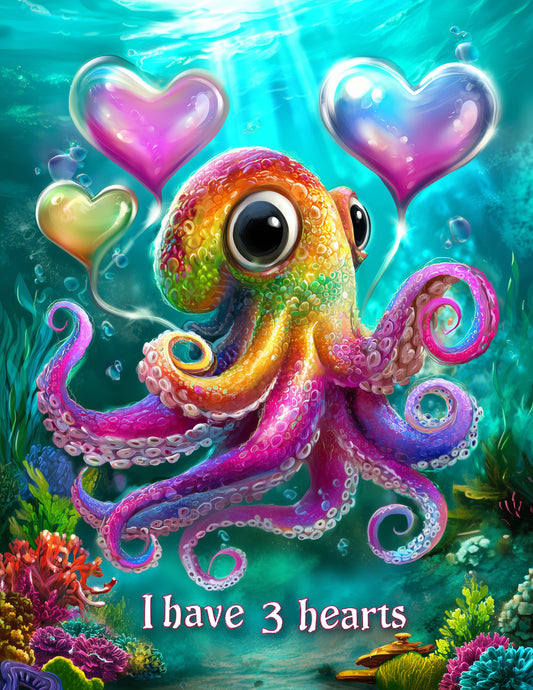 Octopus — "I Have Three Hearts" Cute Cartoon Art, Soft Pastels Digital Wall Art, 3 Sizes Included, Nursery Decor
