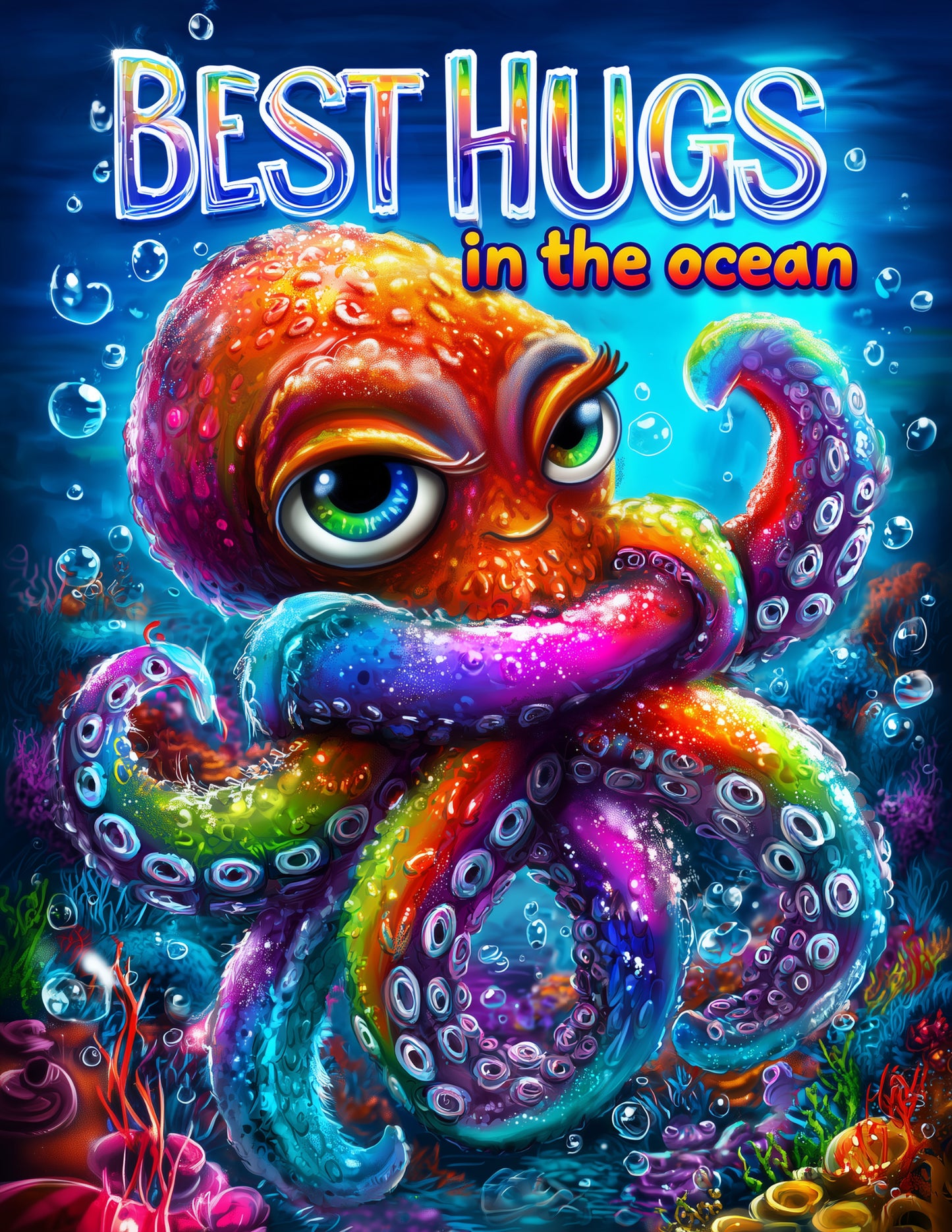 Octopus — "Best Hugs In The Ocean" Cute Cartoon Art, Vibrant Palette Digital Wall Art, 3 Sizes Included, Nursery Decor