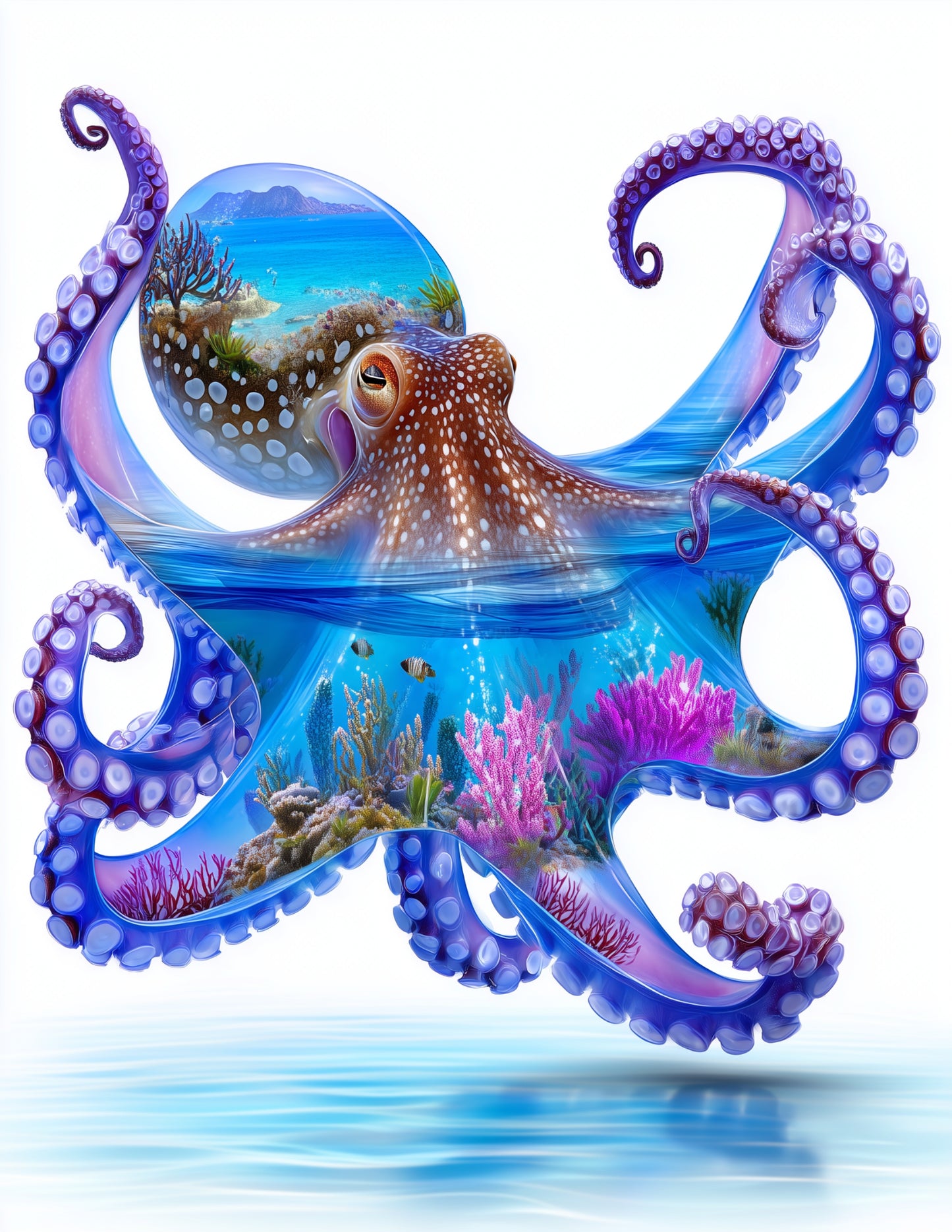 Octopus — Double-Exposure Art, Coral Light Digital Wall Art, 3 Sizes Included, Living Room Decor