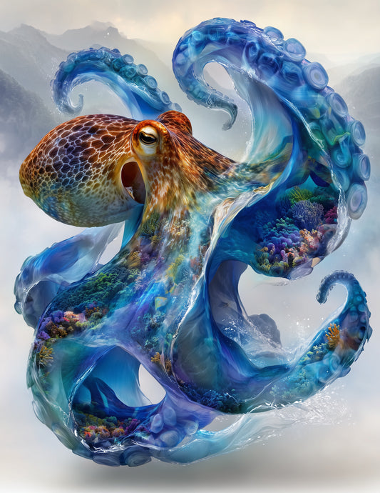 Octopus — Double-Exposure Art, Reef Hues Digital Wall Art, 3 Sizes Included, Living Room Decor
