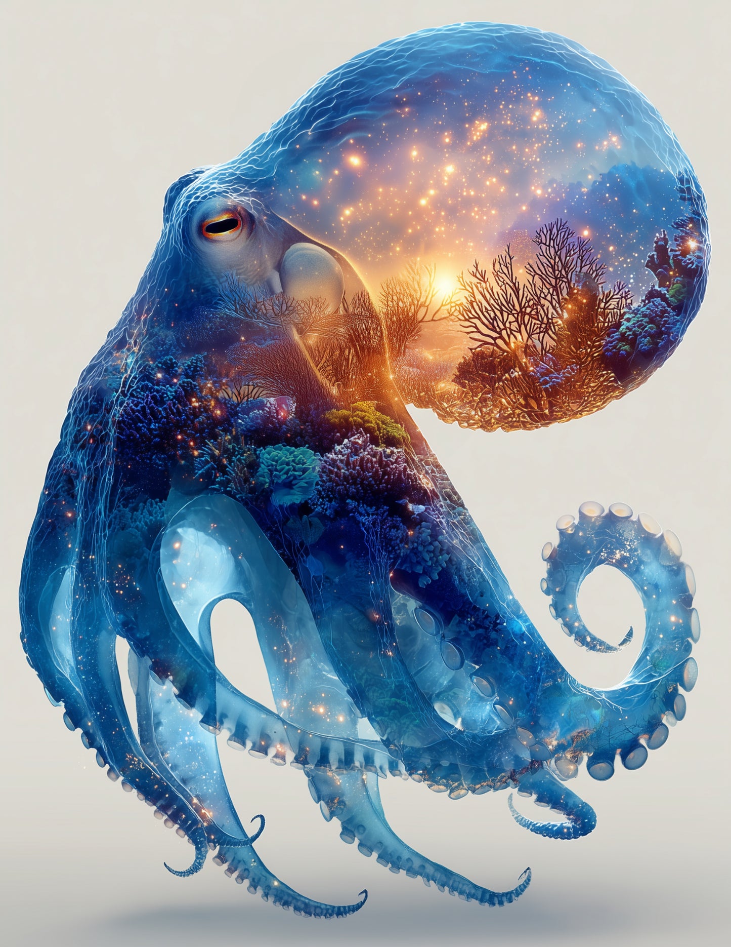 Octopus — Double-Exposure Art, Starlit Reef Digital Wall Art, 3 Sizes Included, Living Room Decor