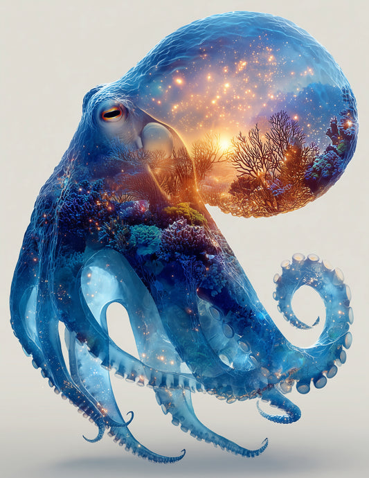 Octopus — Double-Exposure Art, Starlit Reef Digital Wall Art, 3 Sizes Included, Living Room Decor