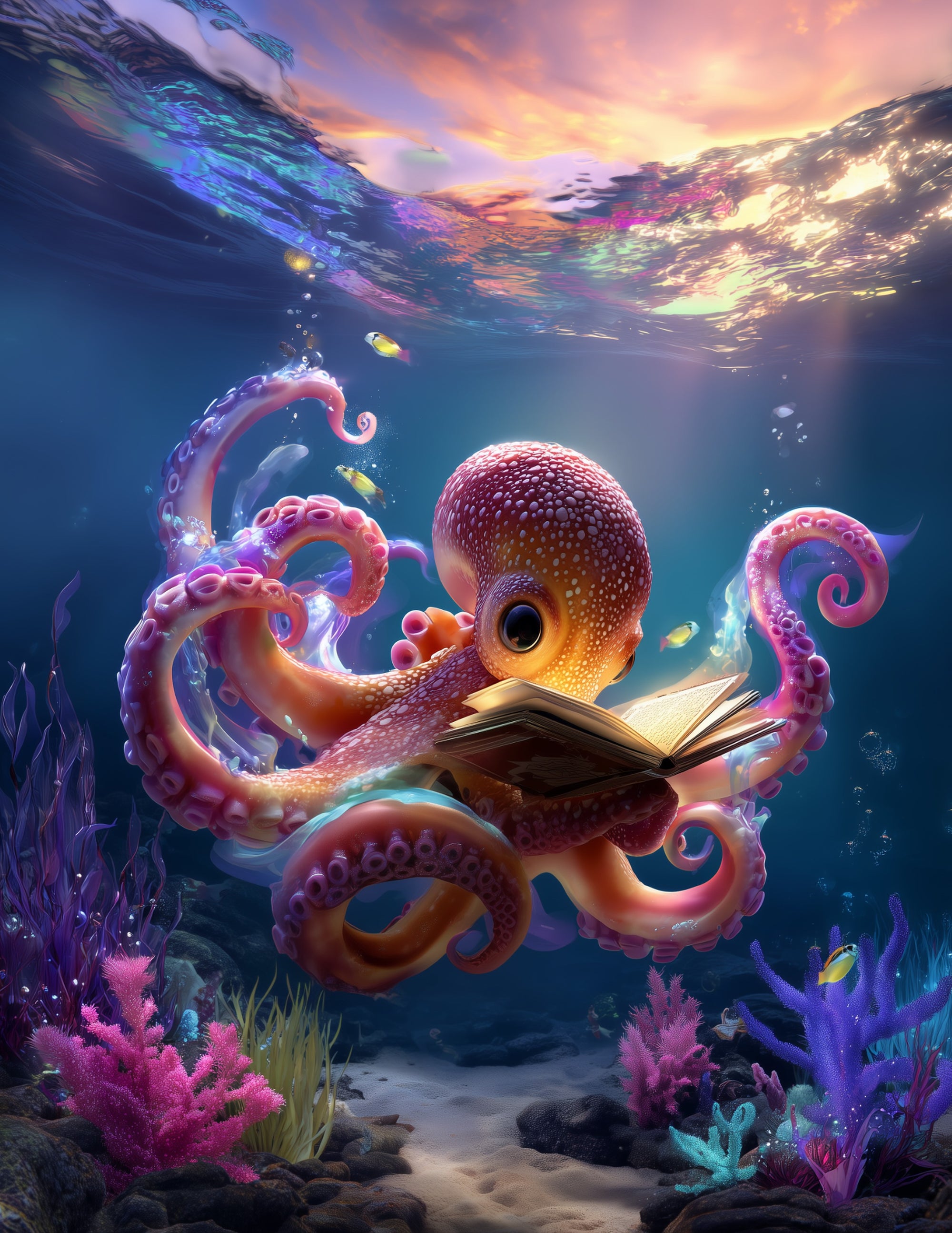 Octopus — Fantasy Reading Art, Calm Gradients Digital Wall Art, 3 Sizes Included, Nursery Room Decor
