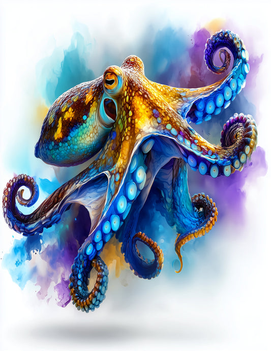 Octopus — Watercolor Art, Ocean Hues Digital Wall Art, 3 Sizes Included, Living Room Decor