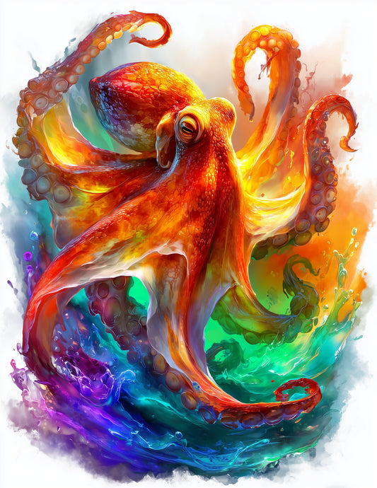 Octopus — Watercolor Art, Rainbow Bloom Digital Wall Art, 3 Sizes Included, Living Room Decor