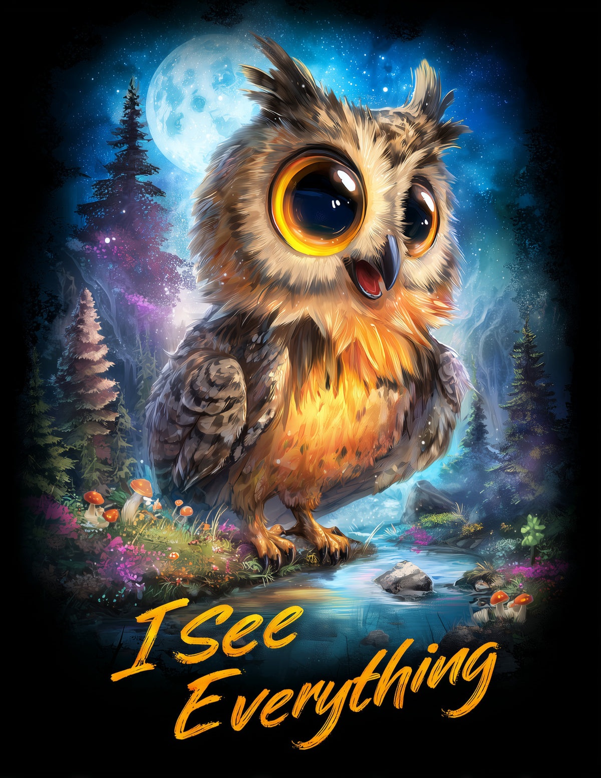 Owl — "I See Everything" Cute Cartoon Art, Vibrant Palette Digital Wall Art, 3 Sizes Included, Nursery Decor