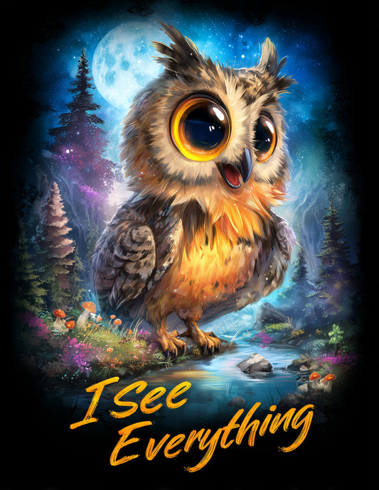 Owl — "I See Everything" Cute Cartoon Art, Vibrant Palette Digital Wall Art, 3 Sizes Included, Nursery Decor