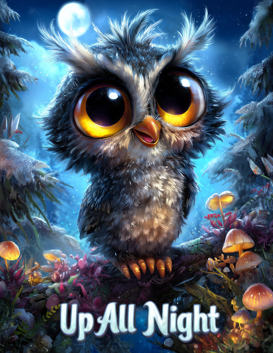 Owl — "Up All Night" Cute Cartoon Art, Warm Pastels Digital Wall Art, 3 Sizes Included, Nursery Decor