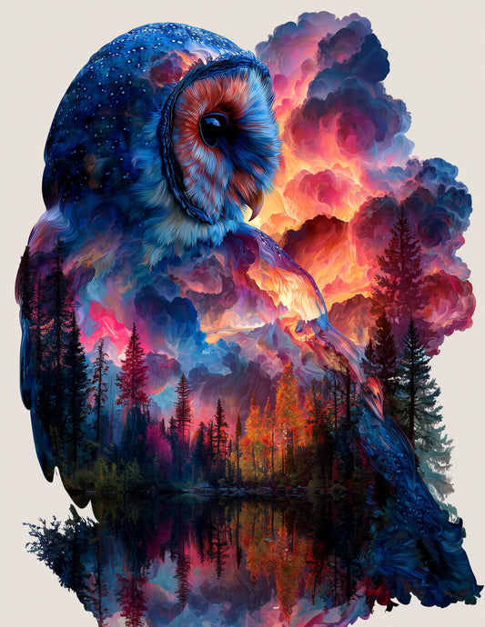 Owl — Double Exposure Art, Cosmic Frost Digital Wall Art, 3 Sizes Included, Living Room Decor