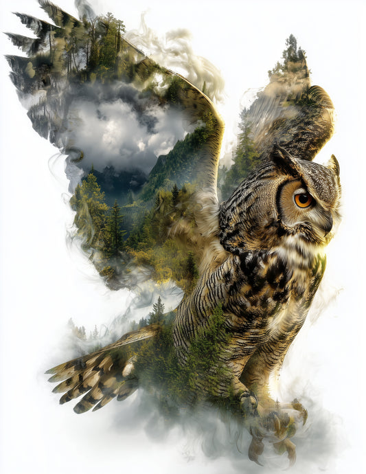 Owl — Double Exposure Art, Mountain Mist Digital Wall Art, 3 Sizes Included, Living Room Decor