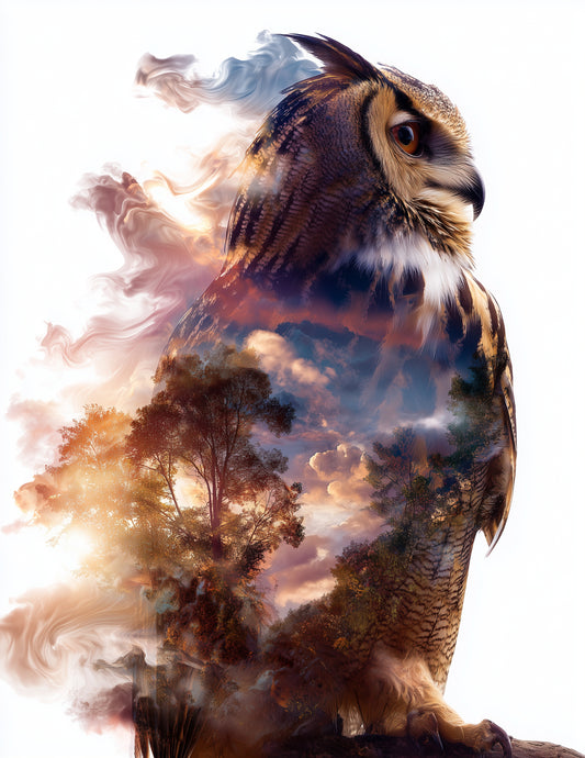 Owl — Double Exposure Art, Sunset Drift Digital Wall Art, 3 Sizes Included, Living Room Decor