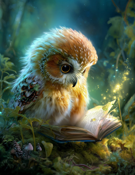 Owl — Fantasy Reading Art, Forest Hues Digital Wall Art, 3 Sizes Included, Nursery Room Decor