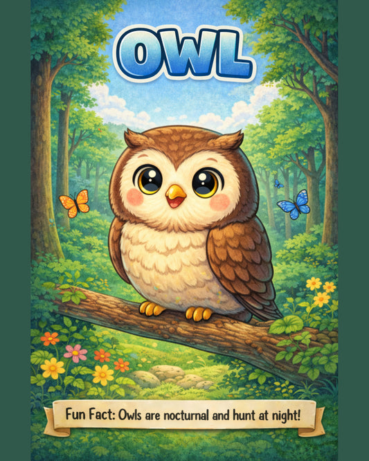 Owl — Fun Fact Character Digital Wall Art, 3 Sizes Included, Nursery Decor