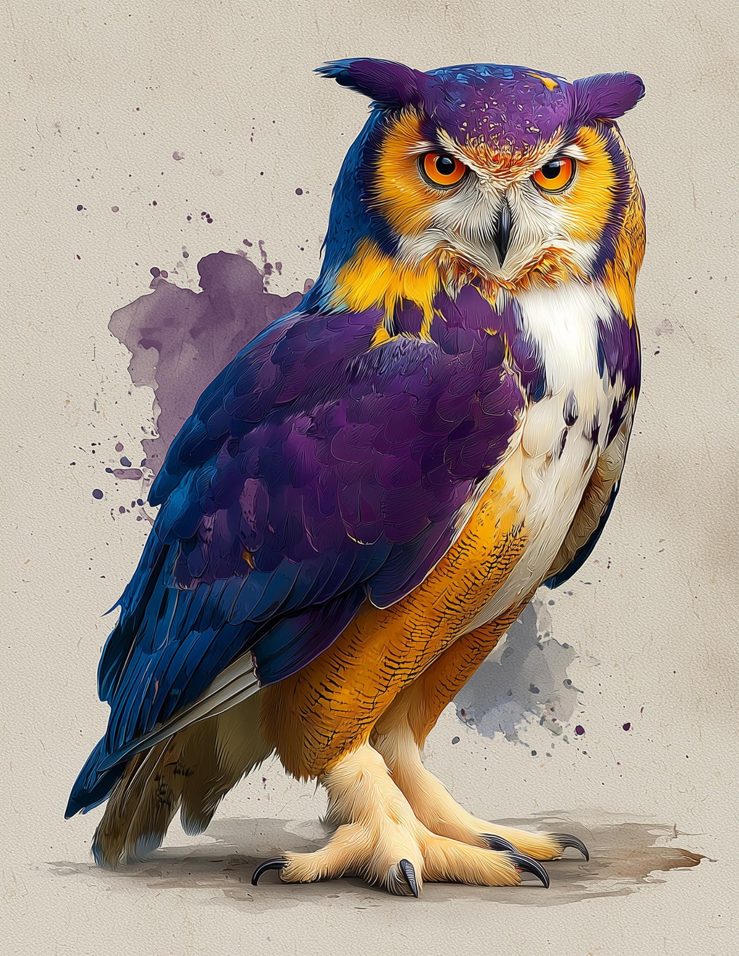 Owl — Watercolor Art, Royal Hues Digital Wall Art, 3 Sizes Included, Living Room Decor