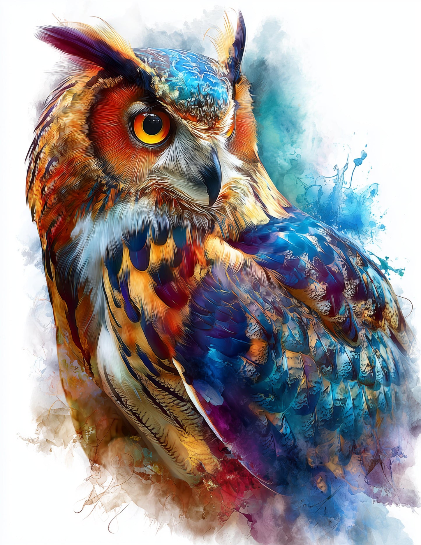 Owl — Watercolor Art, Vivid Hues Digital Wall Art, 3 Sizes Included, Living Room Decor
