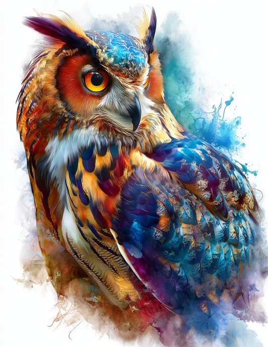 Owl — Watercolor Art, Vivid Hues Digital Wall Art, 3 Sizes Included, Living Room Decor