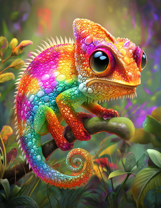 Panther Chameleon — Cute Cartoon Art, Emerald Tones Digital Wall Art, 3 Sizes Included, Nursery Decor