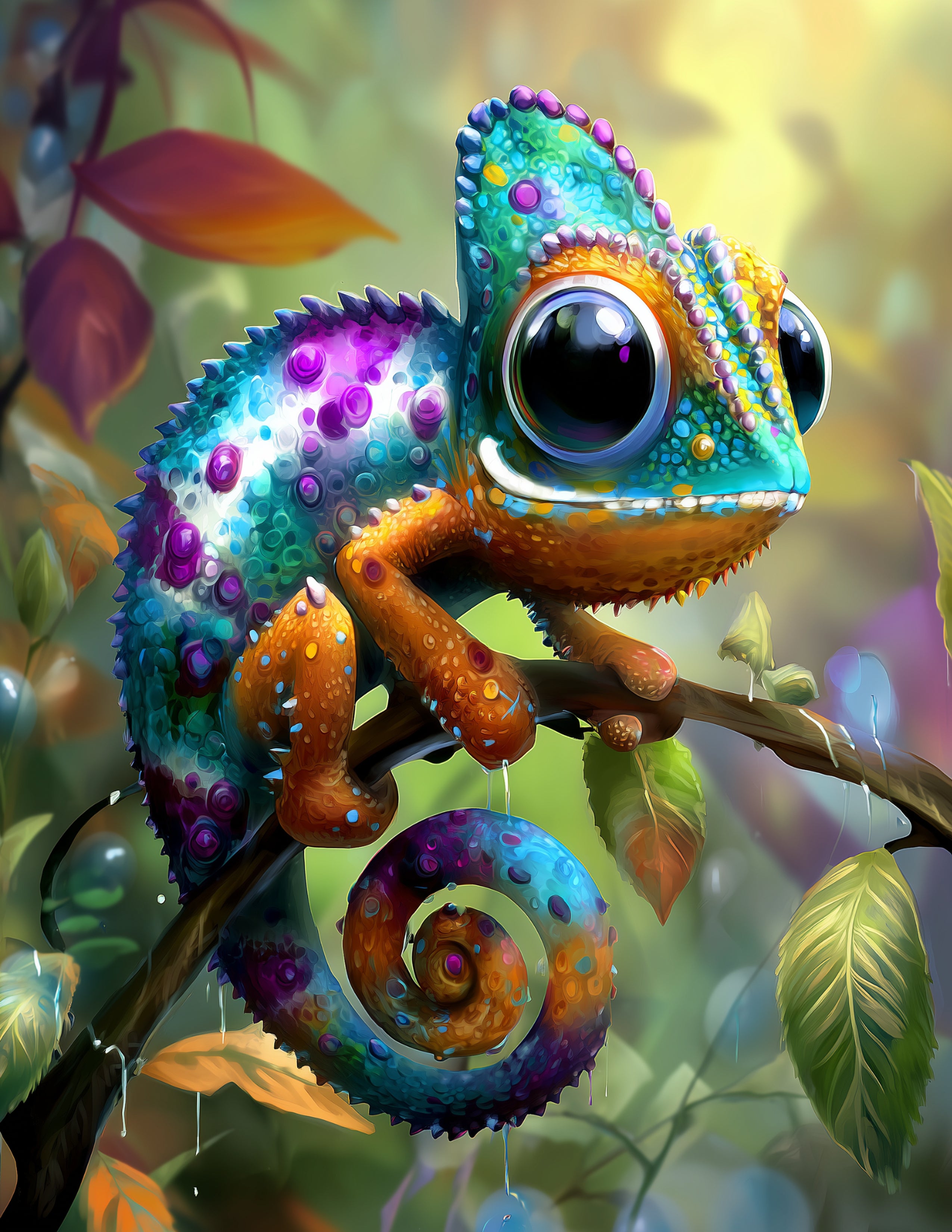 Panther Chameleon — Cute Cartoon Art, Sunset Tones Digital Wall Art, 3 Sizes Included, Nursery Decor