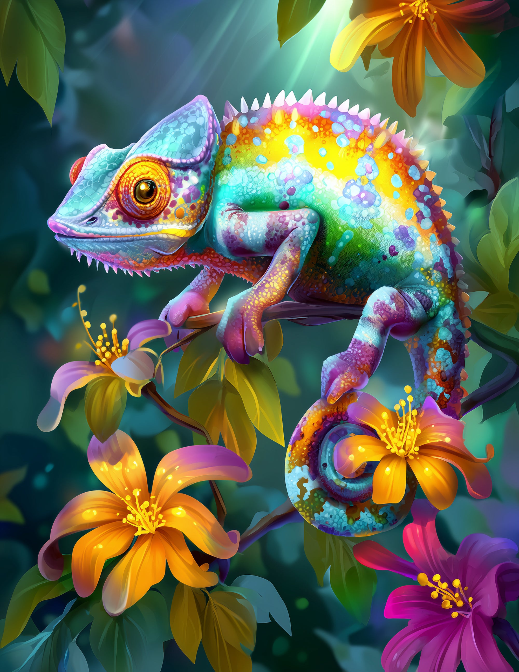 Panther Chameleon — Cute Cartoon Art, Vibrant Palette Digital Wall Art, 3 Sizes Included, Nursery Decor
