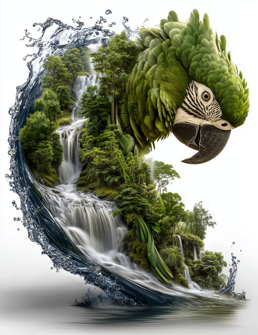 Parrot — Double Exposure Art, Emerald Falls Digital Wall Art, 3 Sizes Included, Living Room Decor
