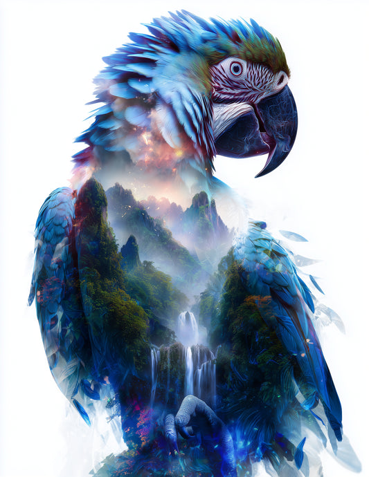 Parrot — Double Exposure Art, Mountain Bloom Digital Wall Art, 3 Sizes Included, Living Room Decor