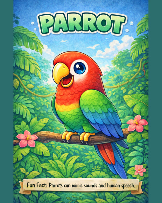 Parrot — Fun Fact Character Digital Wall Art, 3 Sizes Included, Nursery Decor