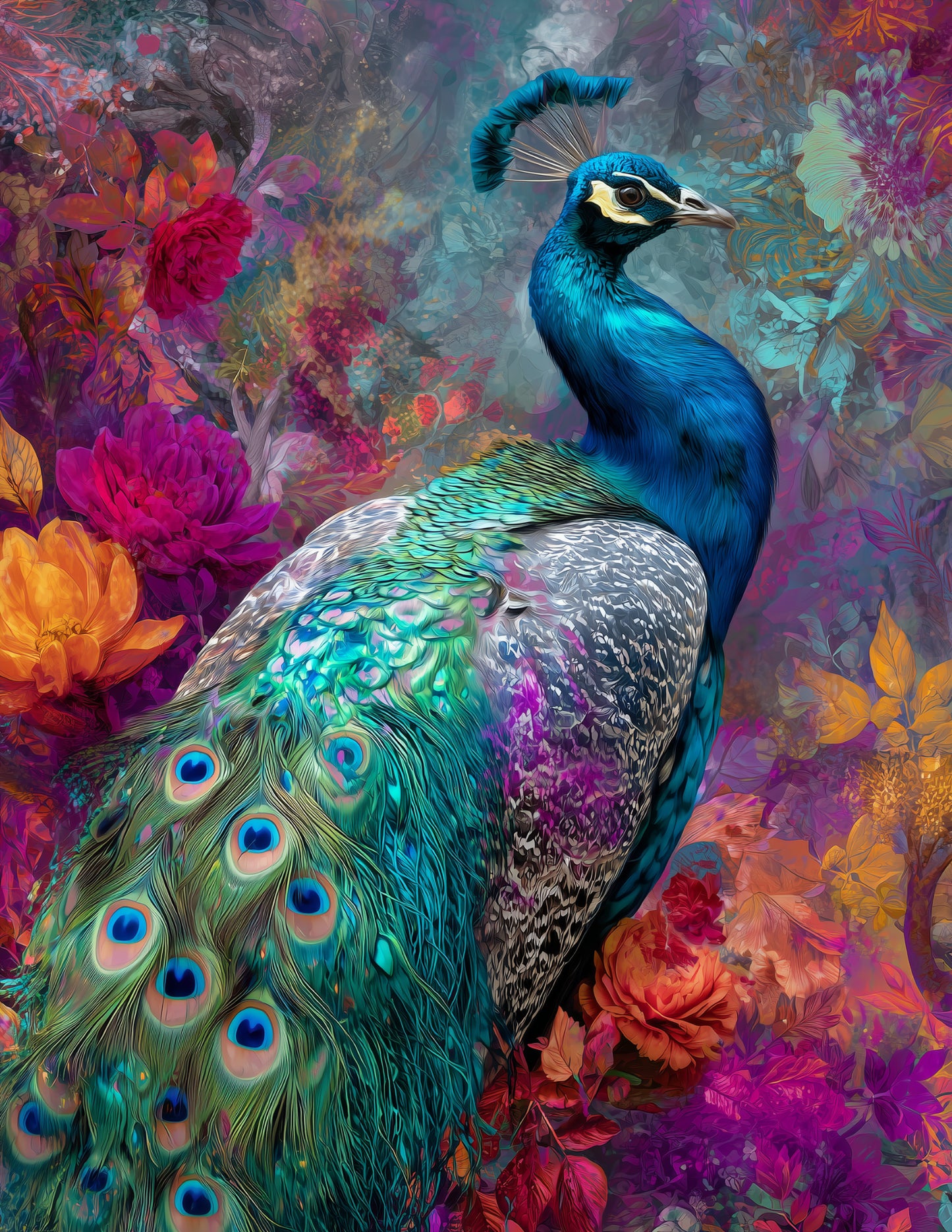 Peacock — Boho Art, Emerald Vibrant Digital Wall Art, 3 Sizes Included, Living Room Decor