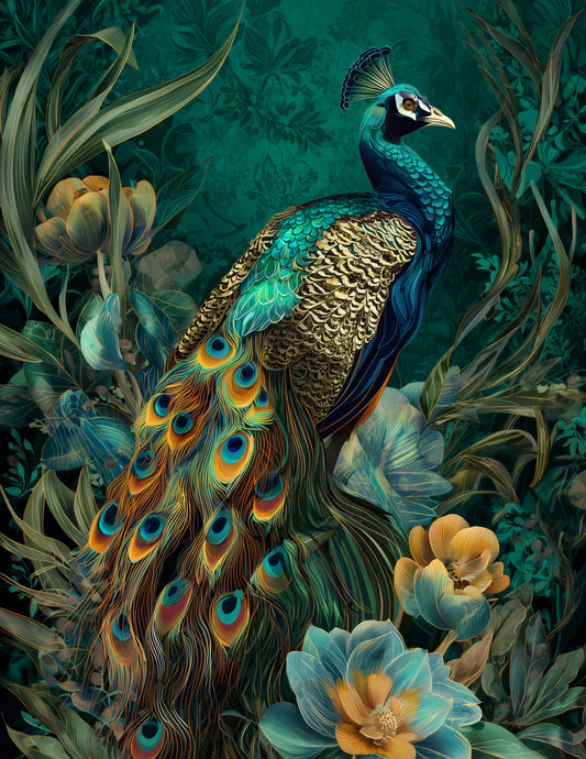 Peacock — Boho Art, Teal Serene Digital Wall Art, 3 Sizes Included, Living Room Decor