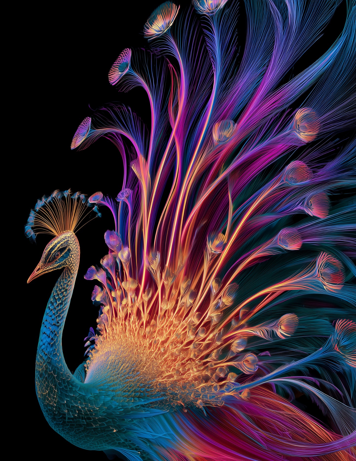 Peacock — Chromatic Filament Art, Bold Hues Digital Wall Art, 3 Sizes Included, Living Room Decor