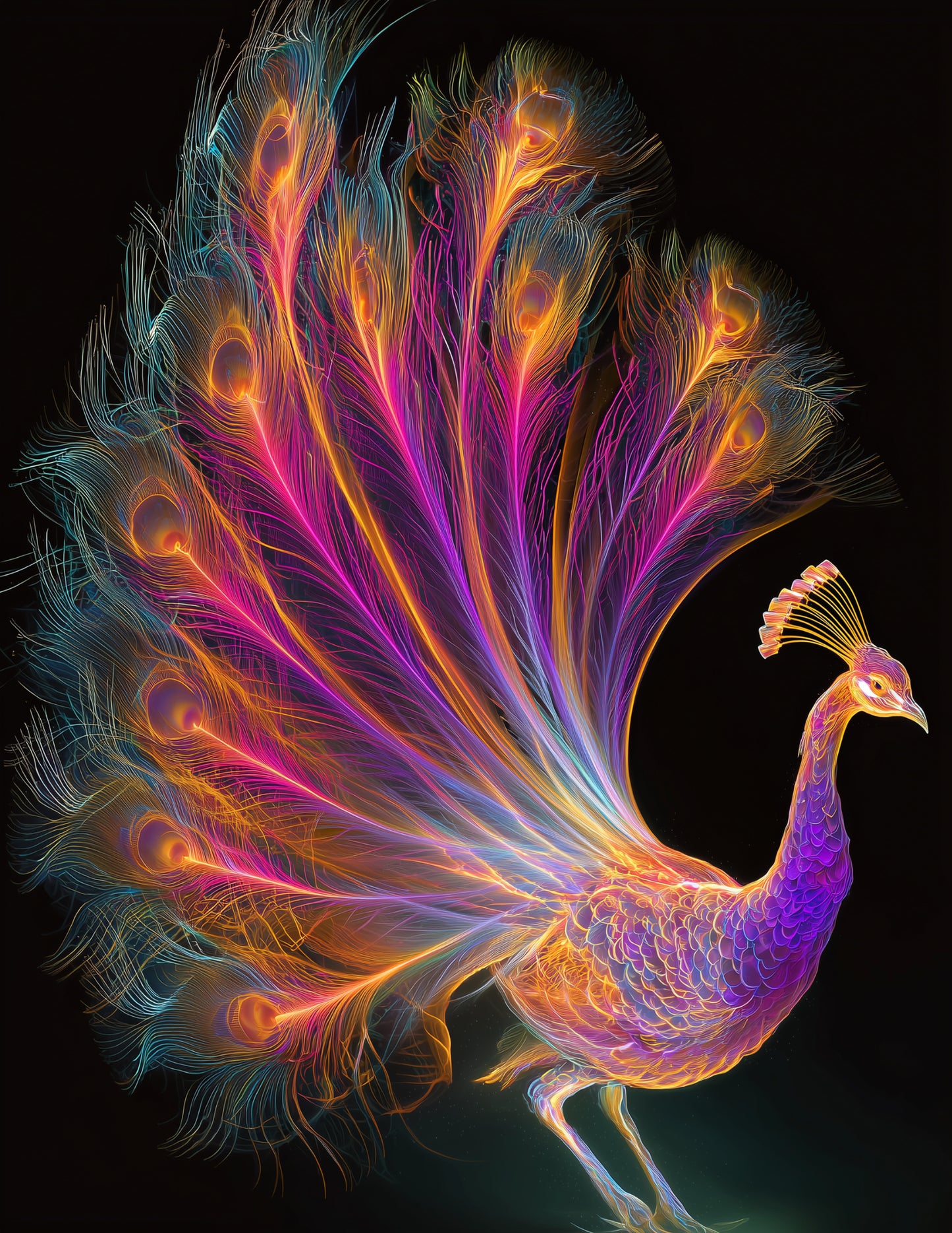 Peacock — Chromatic Filament Art, Soft Mist Digital Wall Art, 3 Sizes Included, Living Room Decor