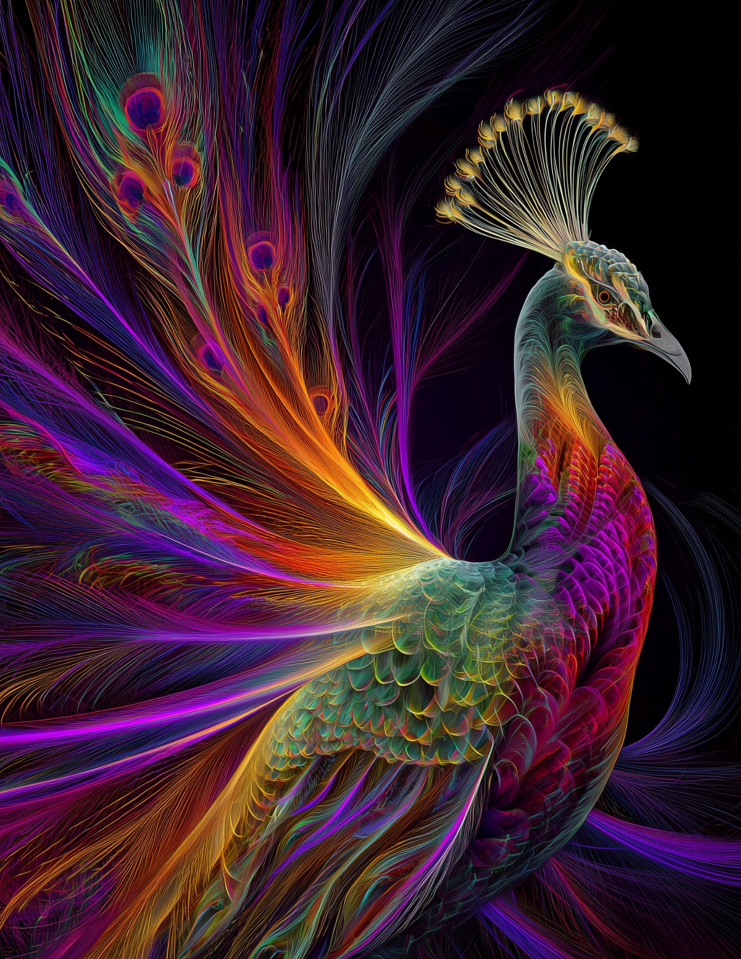 Peacock — Chromatic Filament Art, Warm Mist Digital Wall Art, 3 Sizes Included, Living Room Decor