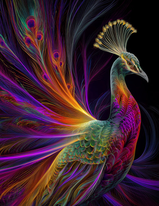 Peacock — Chromatic Filament Art, Warm Mist Digital Wall Art, 3 Sizes Included, Living Room Decor