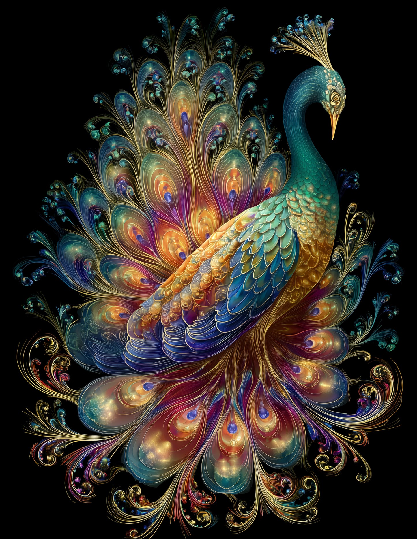 Peacock — Fractal Filigree Art, Midnight Contrast Digital Wall Art, 3 Sizes Included, Living Room Decor