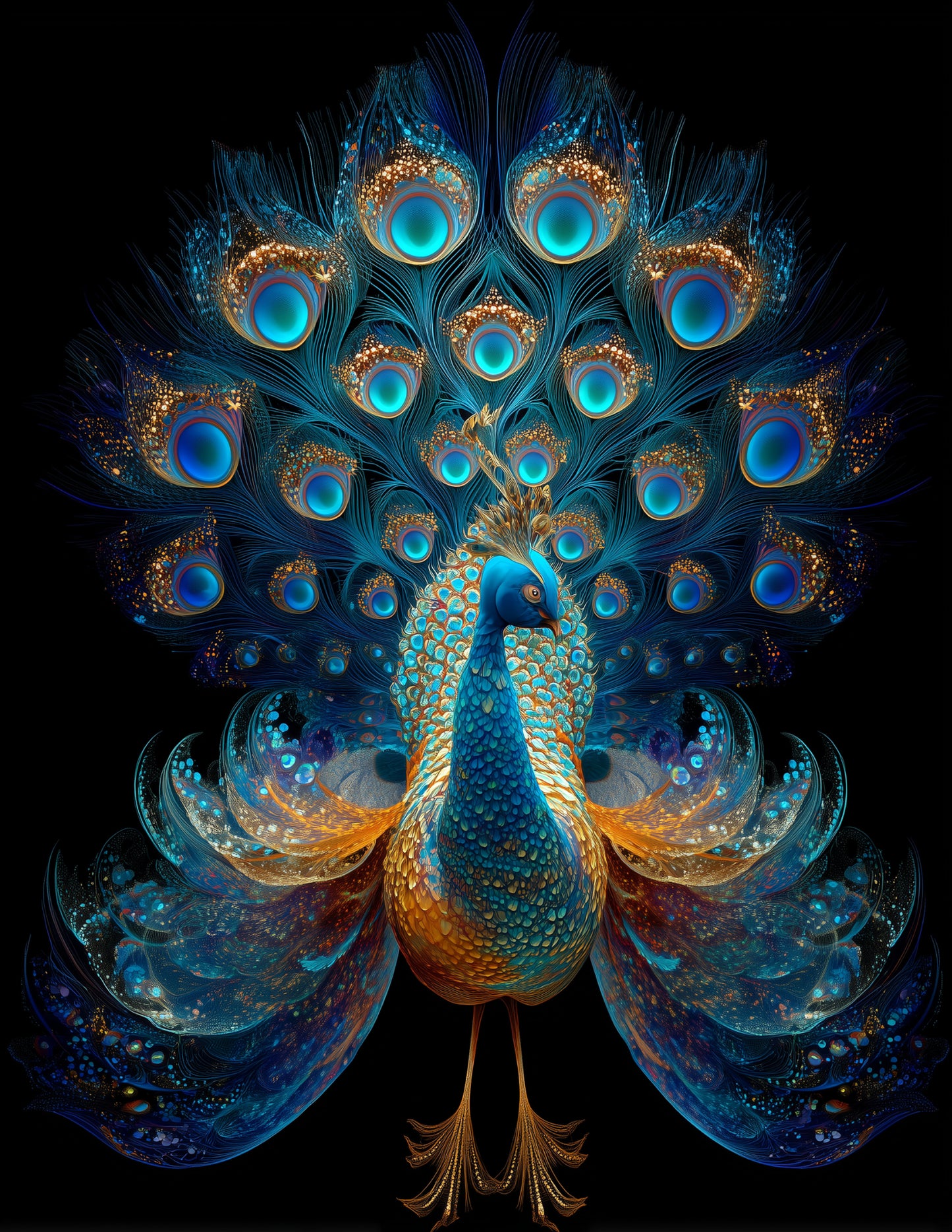 Peacock — Fractal Filigree Art, Sapphire Tones Digital Wall Art, 3 Sizes Included, Living Room Decor
