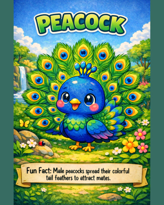 Peacock — Fun Fact Character Digital Wall Art, 3 Sizes Included, Nursery Decor
