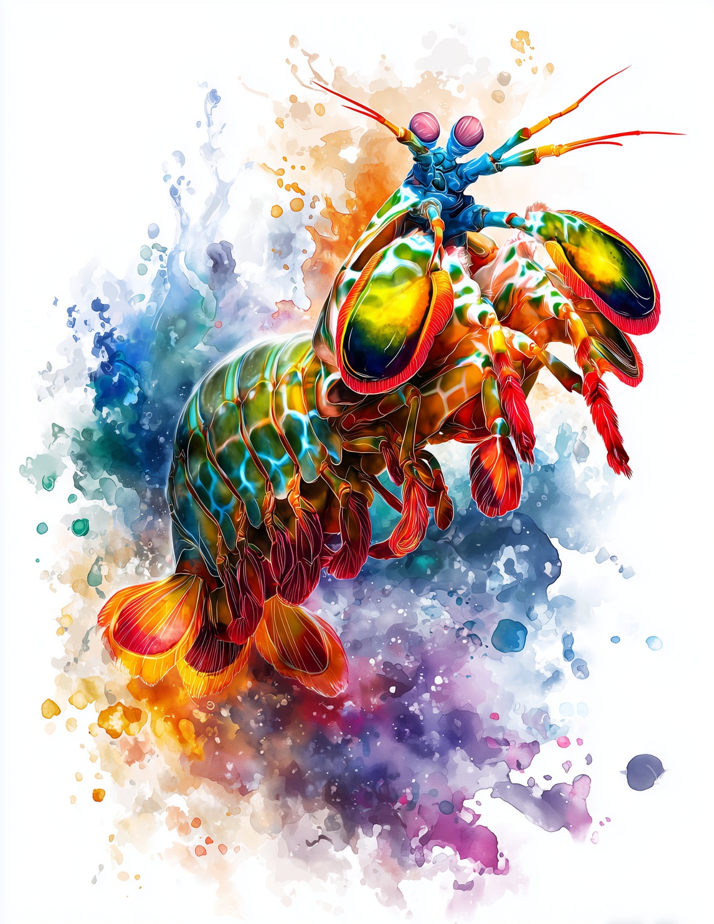 Peacock Mantis Shrimp — Watercolor Art, Coral Tones Digital Wall Art, 3 Sizes Included, Living Room Decor