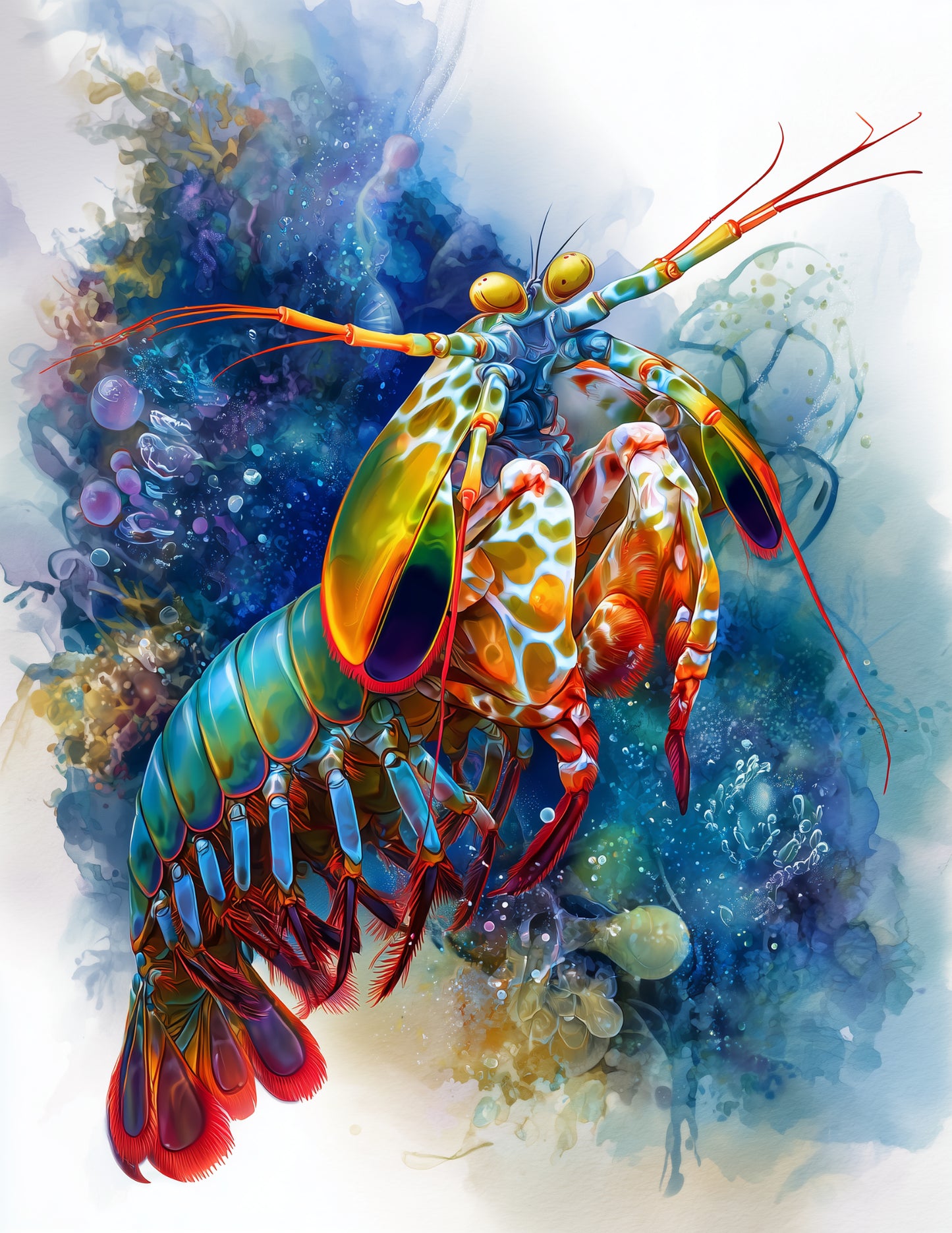 Peacock Mantis Shrimp — Watercolor Art, Sunset Palette Digital Wall Art, 3 Sizes Included, Living Room Decor