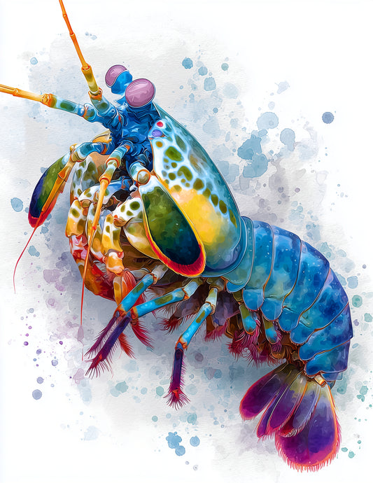 Peacock Mantis Shrimp — Watercolor Art, Vibrant Palette Digital Wall Art, 3 Sizes Included, Living Room Decor