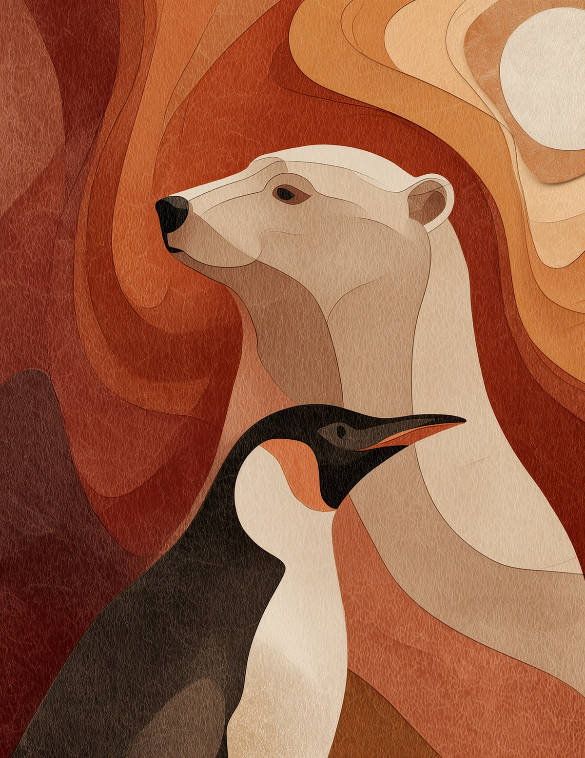 Penguin & Polar Bear — Boho Amber Mist Duo Wall Art, 3 Sizes Included, Living Room Decor