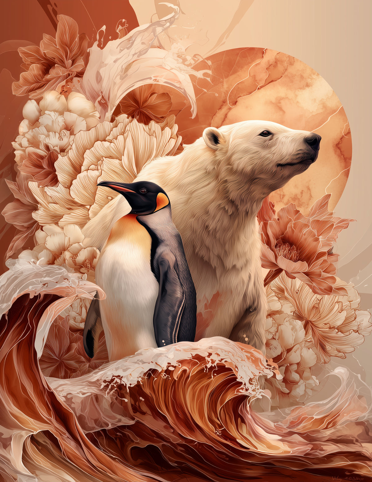 Penguin & Polar Bear — Boho Balanced Tones Duo Wall Art, 3 Sizes Included, Living Room Decor