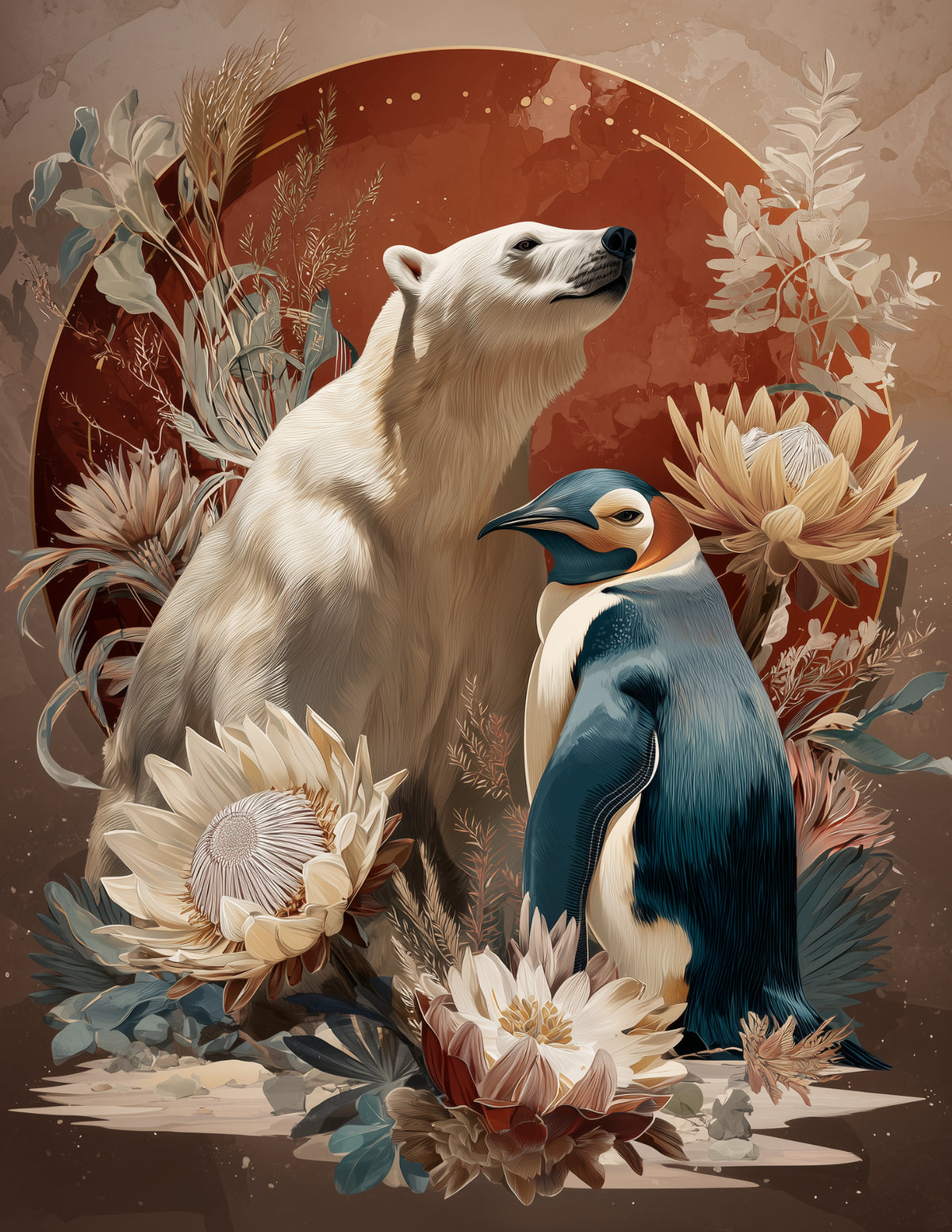 Penguin & Polar Bear — Boho Calm Hues Duo Wall Art, 3 Sizes Included, Living Room Decor