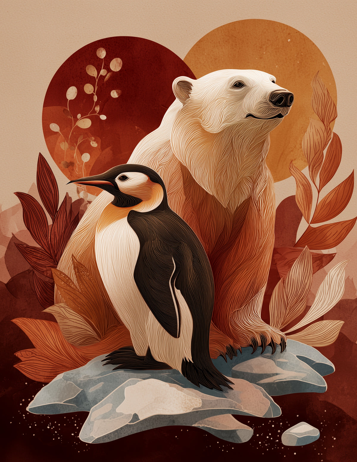Penguin & Polar Bear — Boho Coral Bloom Duo Wall Art, 3 Sizes Included, Living Room Decor