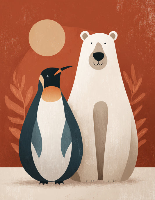 Penguin & Polar Bear — Boho Earthy Palette Duo Wall Art, 3 Sizes Included, Living Room Decor