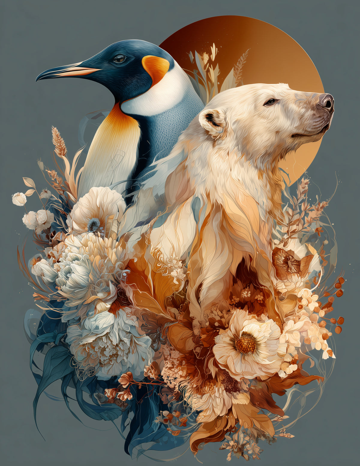 Penguin & Polar Bear — Boho Forest Tones Duo Wall Art, 3 Sizes Included, Living Room Decor