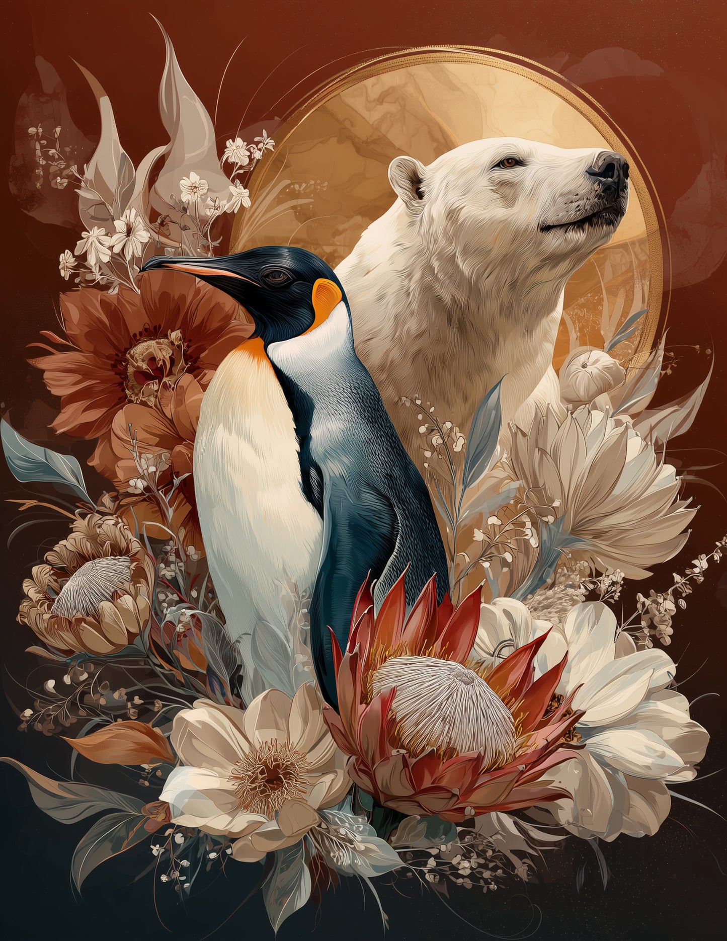 Penguin & Polar Bear — Boho Serene Palette Duo Wall Art, 3 Sizes Included, Living Room Decor