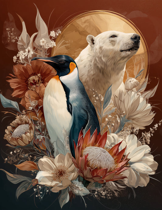 Penguin & Polar Bear — Boho Serene Palette Duo Wall Art, 3 Sizes Included, Living Room Decor