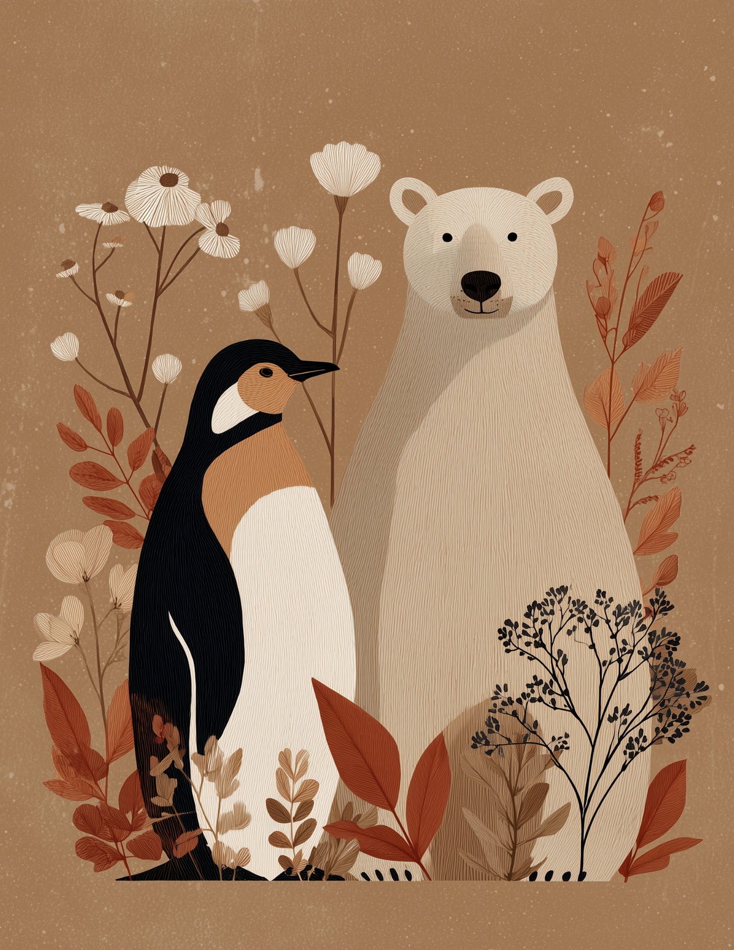 Penguin & Polar Bear — Boho Soft Pastels Duo Wall Art, 3 Sizes Included, Living Room Decor