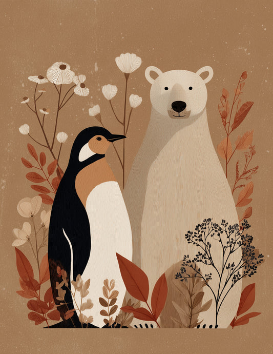 Penguin & Polar Bear — Boho Soft Pastels Duo Wall Art, 3 Sizes Included, Living Room Decor