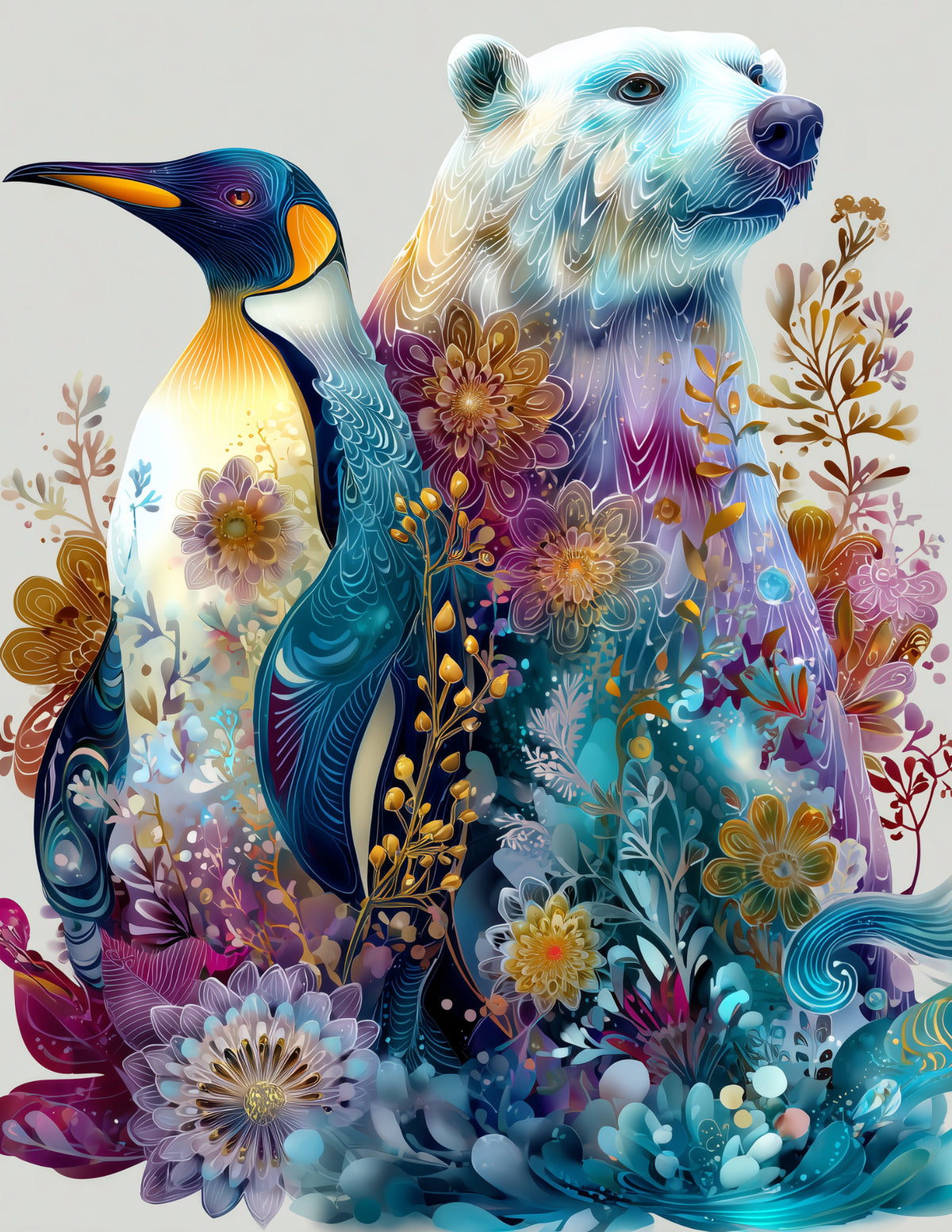 Penguin & Polar Bear — Boho Subtle Gradients Duo Wall Art, 3 Sizes Included, Living Room Decor